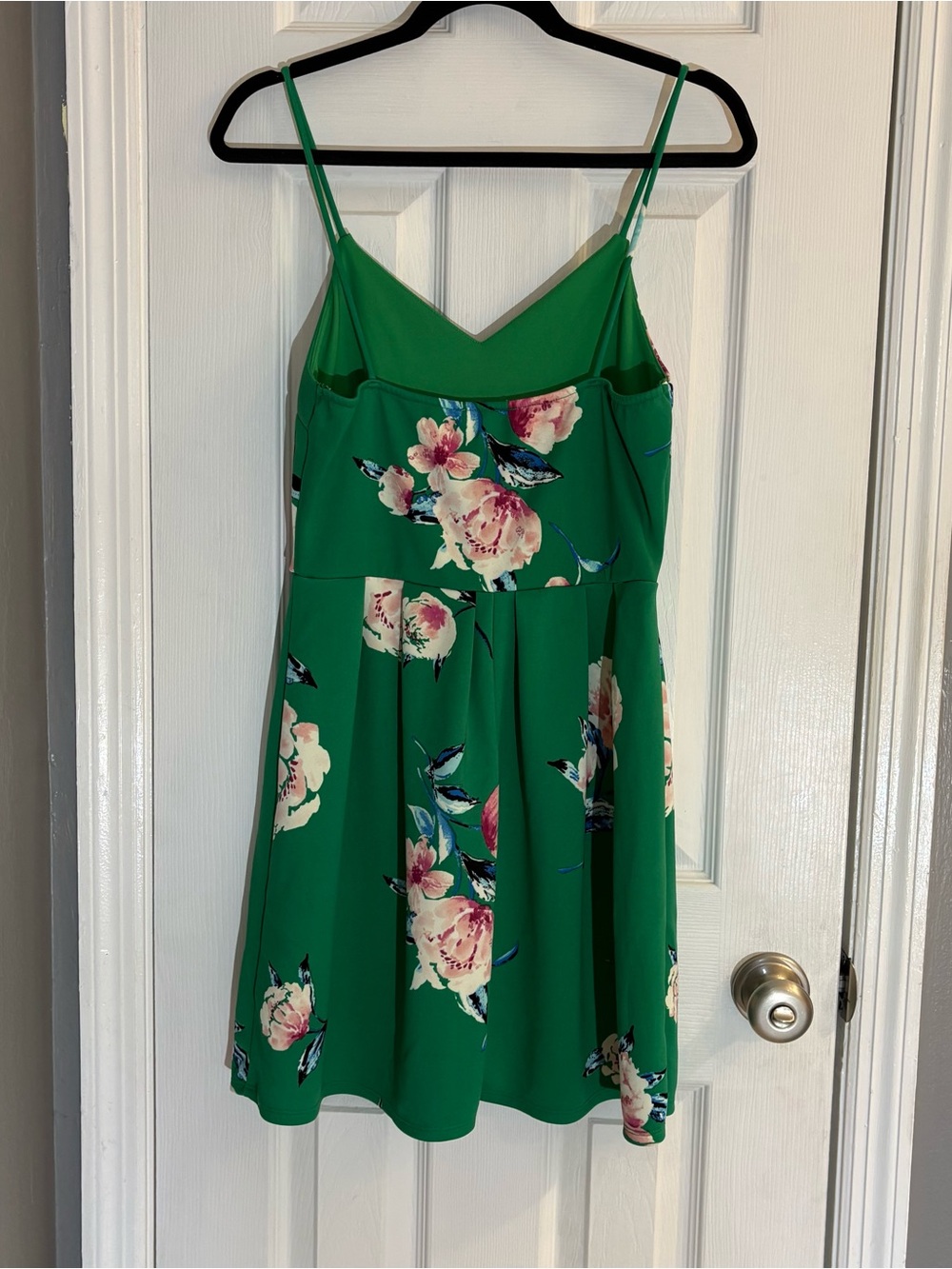 Monteau Y2K Green Floral A-Line Mini Dress Women's Size Large V-Neck Pleated. - Picture 2 of 7